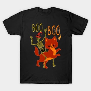 Halloween Skeleton Riding Red Cat Boo Boo T-Shirt